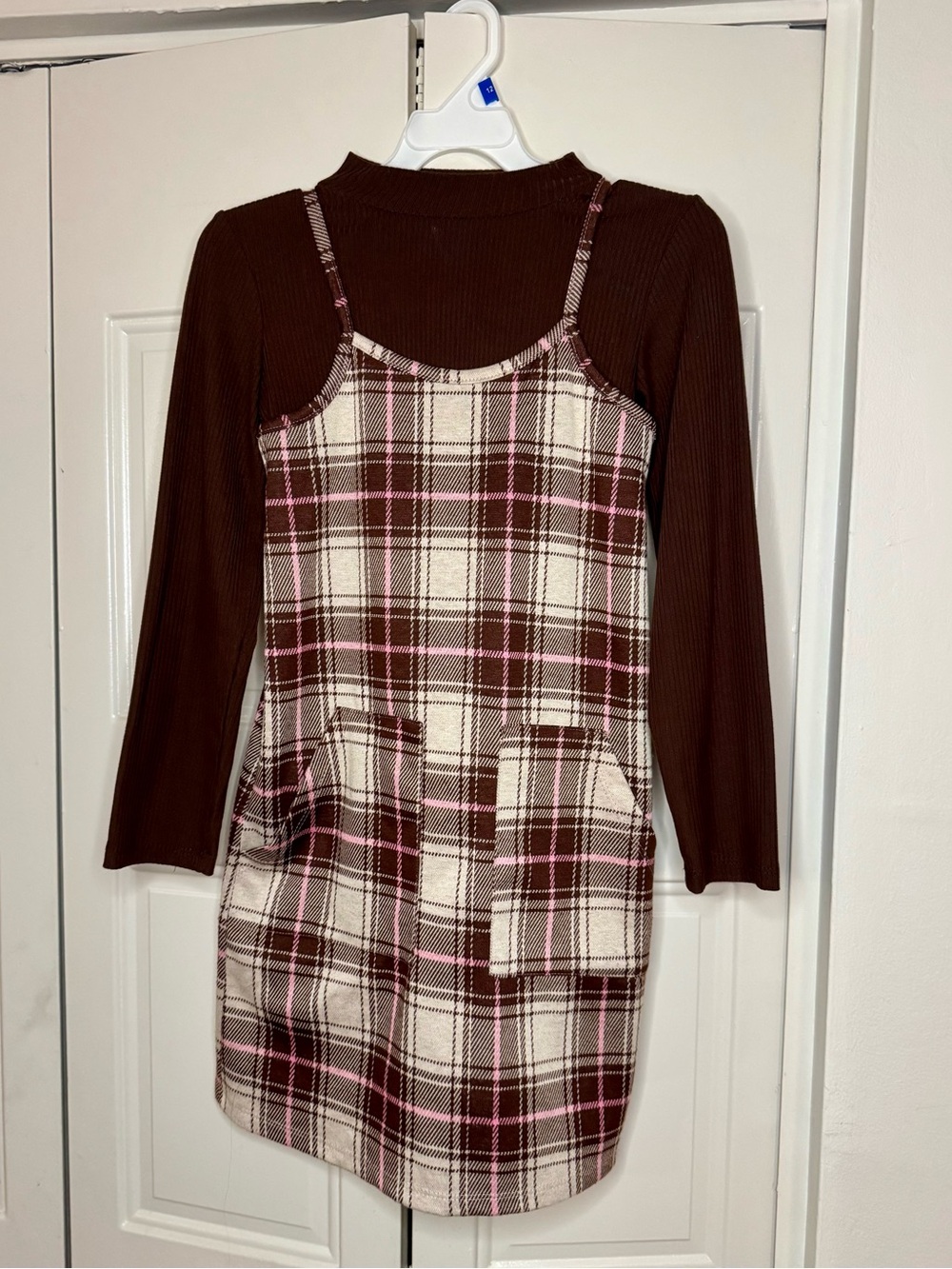 Btween Girls 7 Plaid Pinafore Dress + Brown Ribbed Top Set